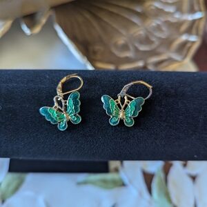 Emerald Green Enamel Butterfly Earrings